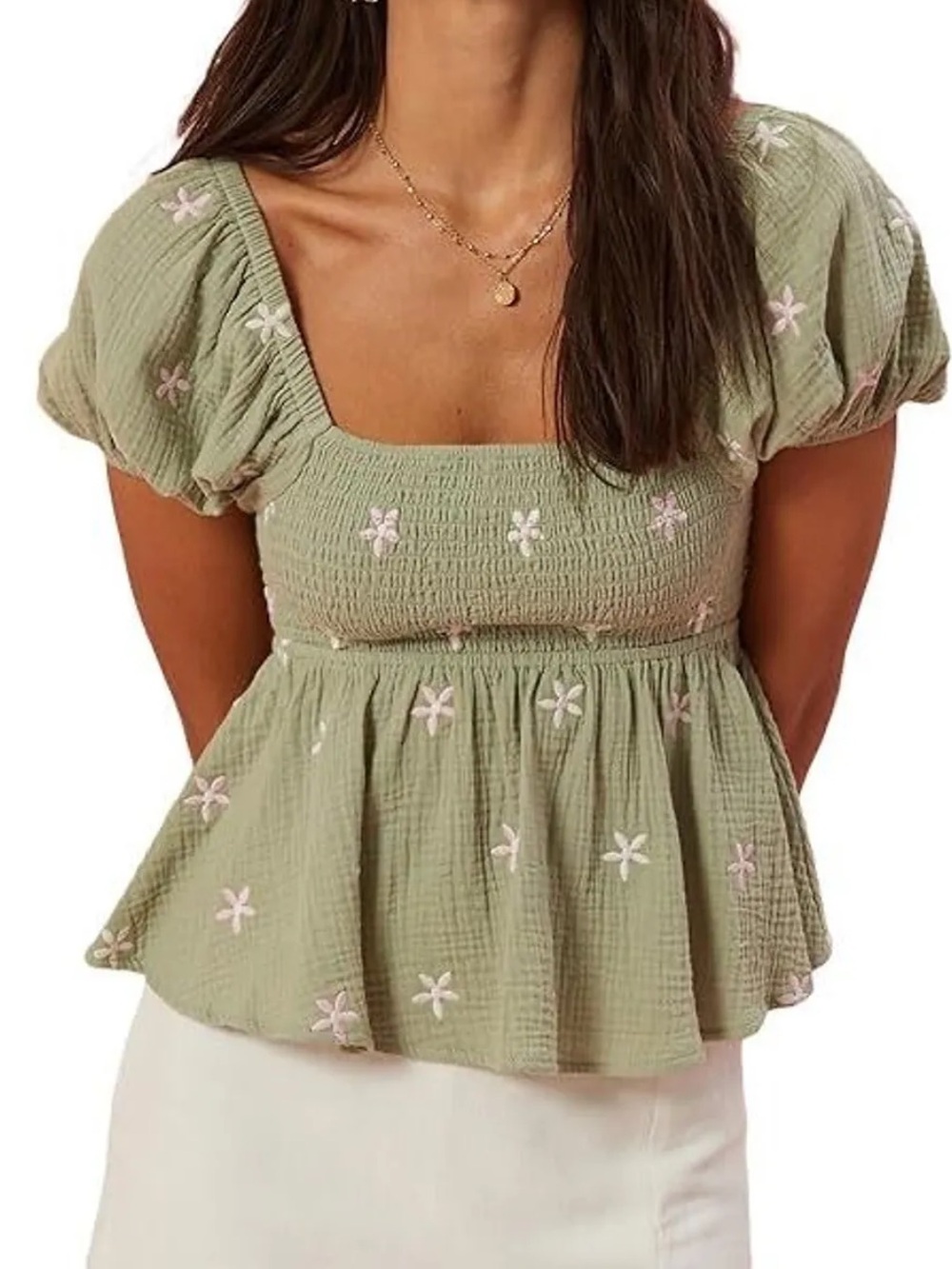 Altar'd State Sage Green Smocked Peplum Top with White Floral Embroidery